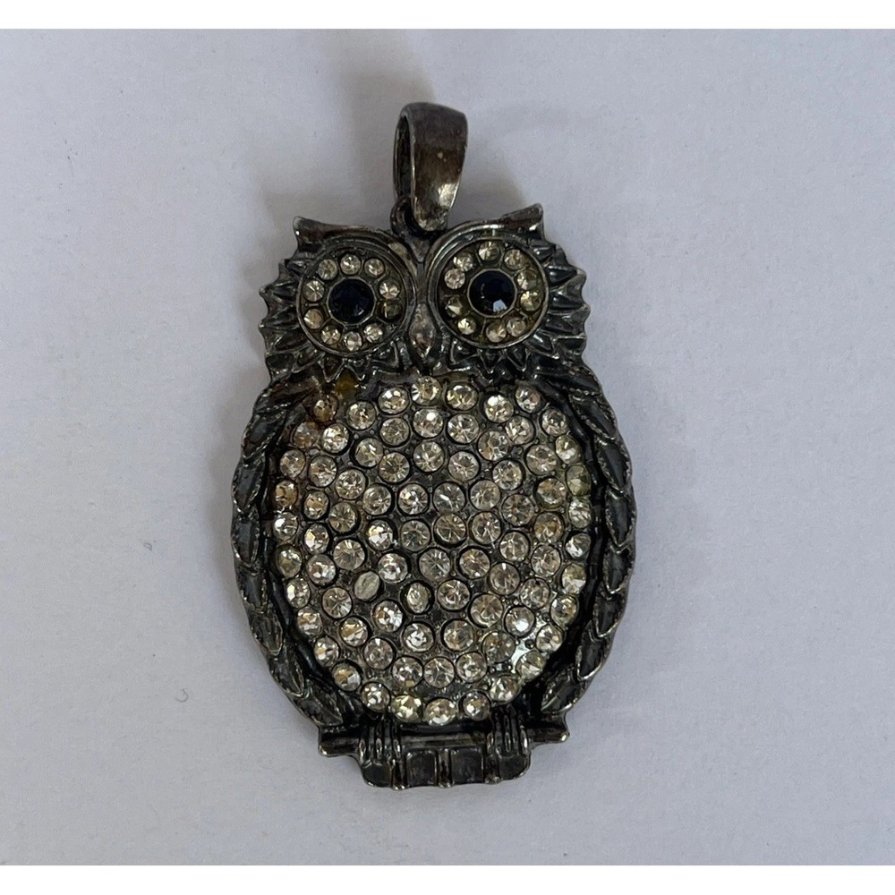 Vintage Silver Tone 2" Rhinestone Owl Pendant Necklace Charm Black Eyes Jewelry